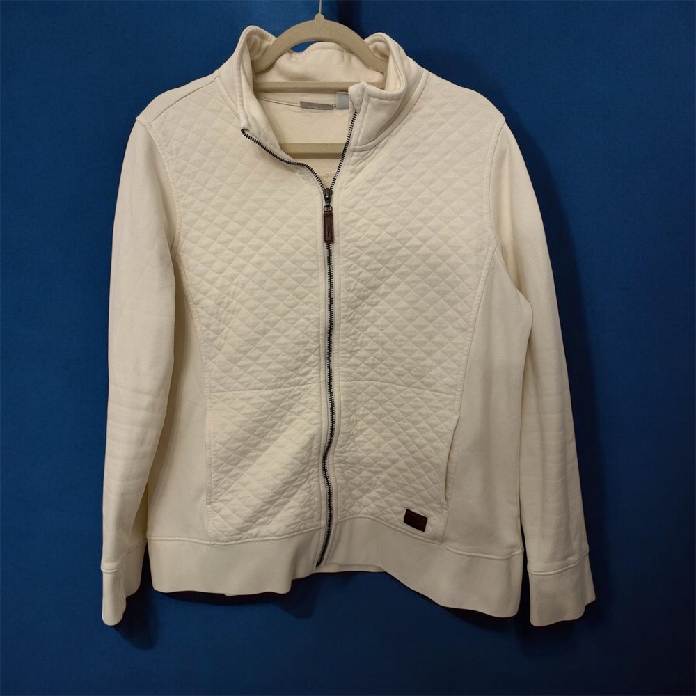 LL Bean Quilted Full Zip Sweatshirt Cream Off White Mock Neck Jacket Womens L